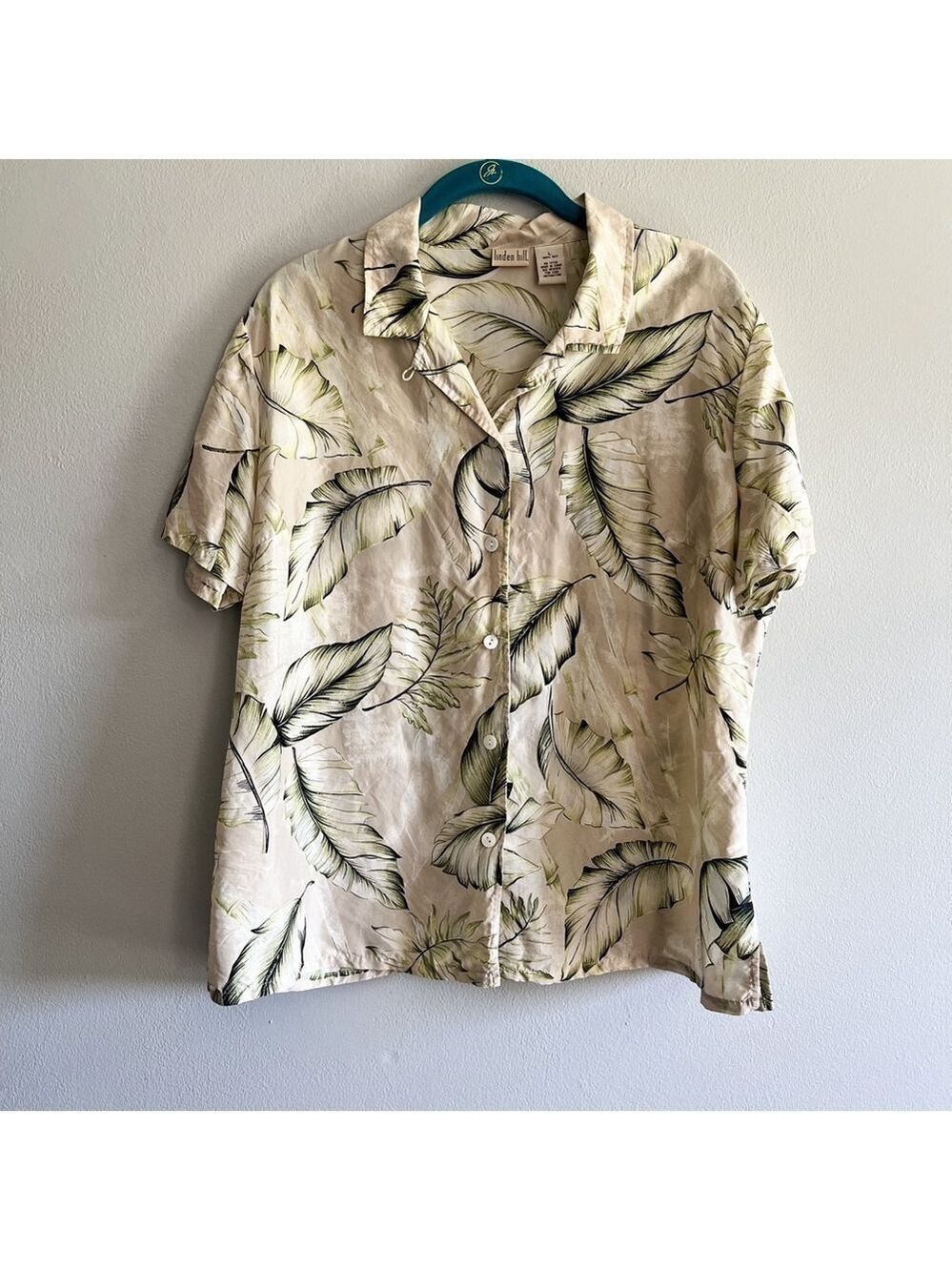 Linden Hill 100% Silk Cream Palm Leaf Button Up Short Sleeve Hawaiian Shirt Lg